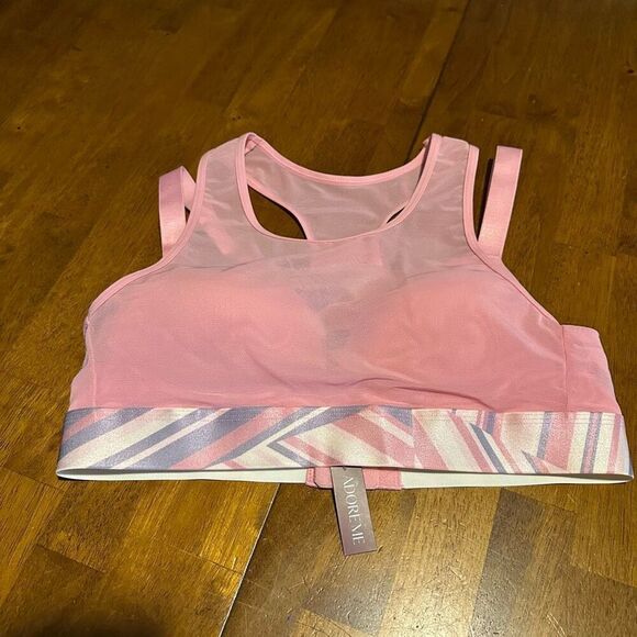 New Adore Me Micah Contour Sport Bra 34 A Pink Mesh Overlay Racer Back Wireless - Picture 3 of 8